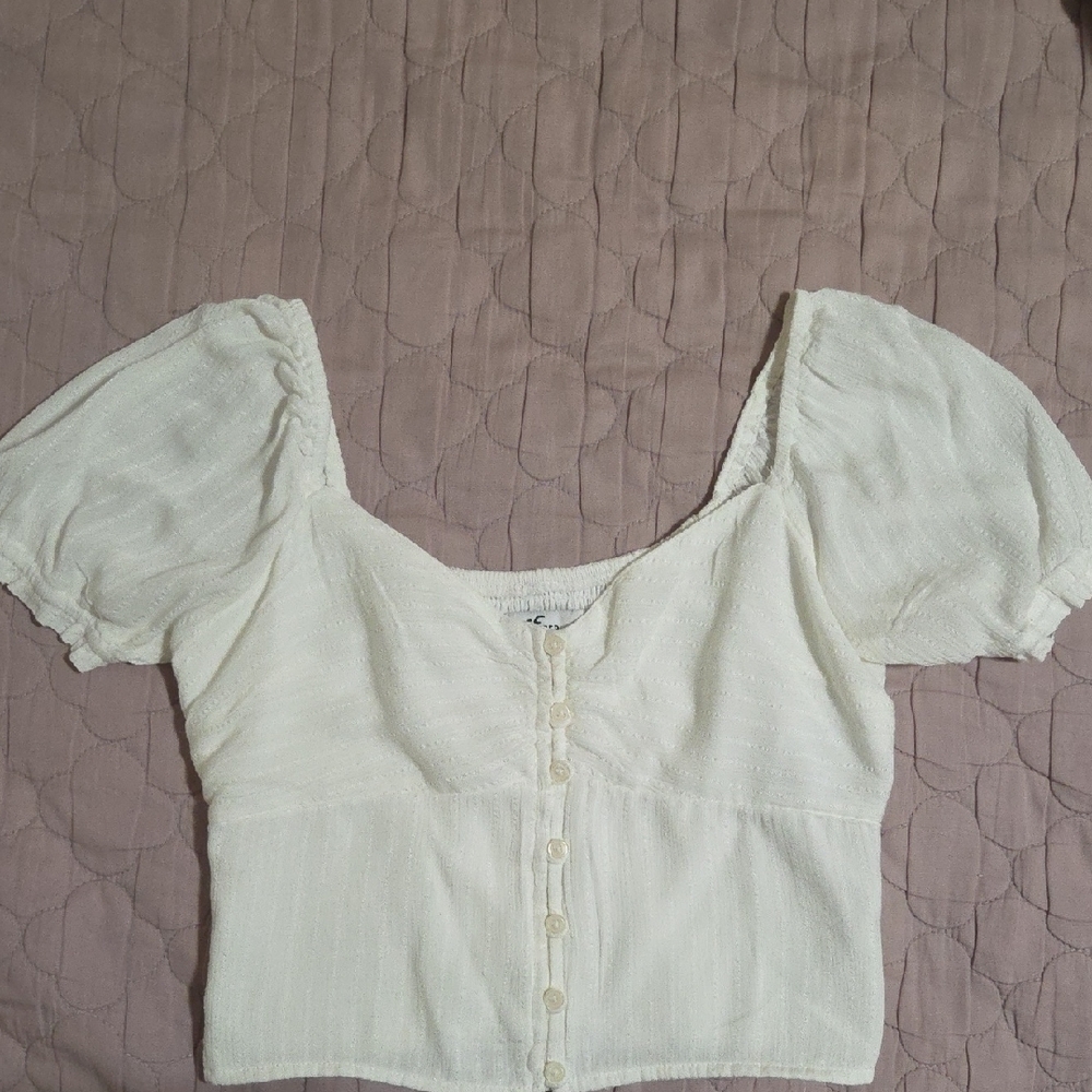 Hollister Green Puff Sleeve Smocked Crop Blouse